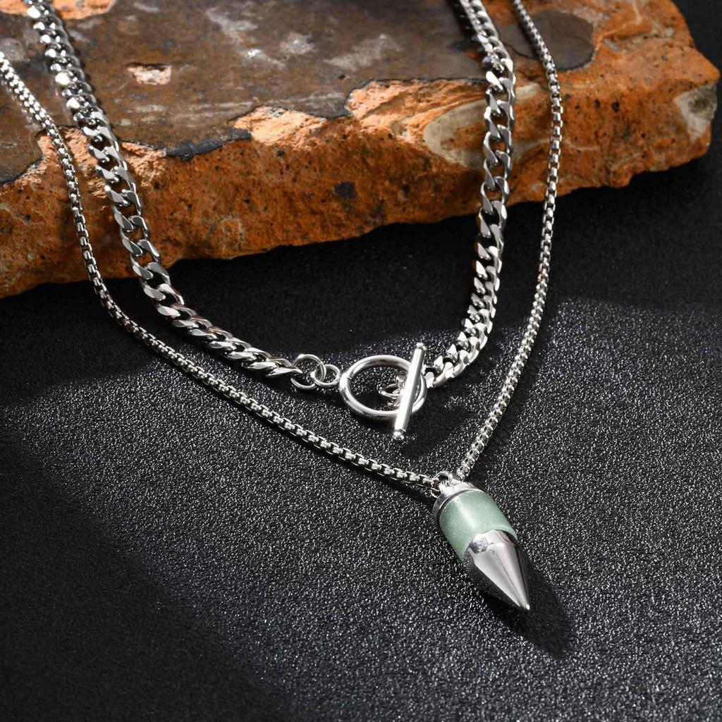 Stainless Steel Gemstone Pendant with Black Agate, Turquoise, Malachite, Aventurine, and Tiger Eye - Round Bullet Design.