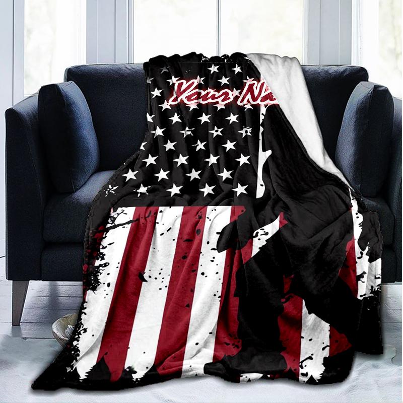 1PC Custom Name Bigfoot American Flag outdooor Flannel blankets Patterns Throw Blanket All-Season Soft Gift for Couch, Bed, Camping gifts
