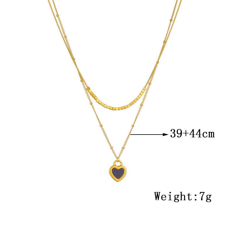 Fashion Minimalist Versatile Heart Gold Titanium Steel Double Layer Layered Chain Black White Love Pendant Necklace