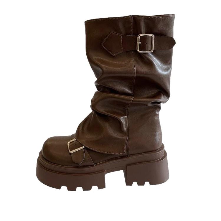 High Sense Medium Tube Fashion Boots Women's Wasteland Wind 2025 Autumn and Winter New Chinese Niche Height Increase and Thin Pleated Boots Women