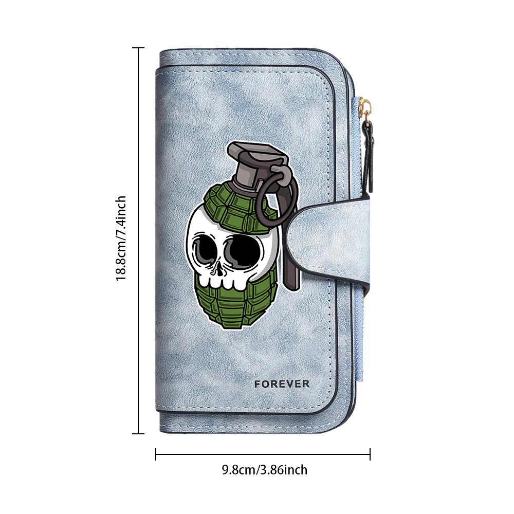 Gothic Skull Grenade Pattern Bifold Long Wallet Fashion Portable Multi Card Slot Purse for Daily Use