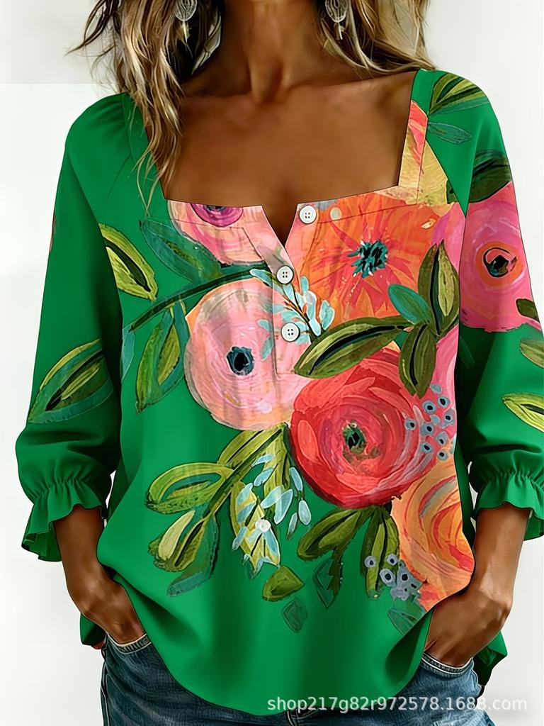 New Xiyin Summer T-Shirt Women's Printed Square Neck Button Bubble Sleeve Women's Top Women's