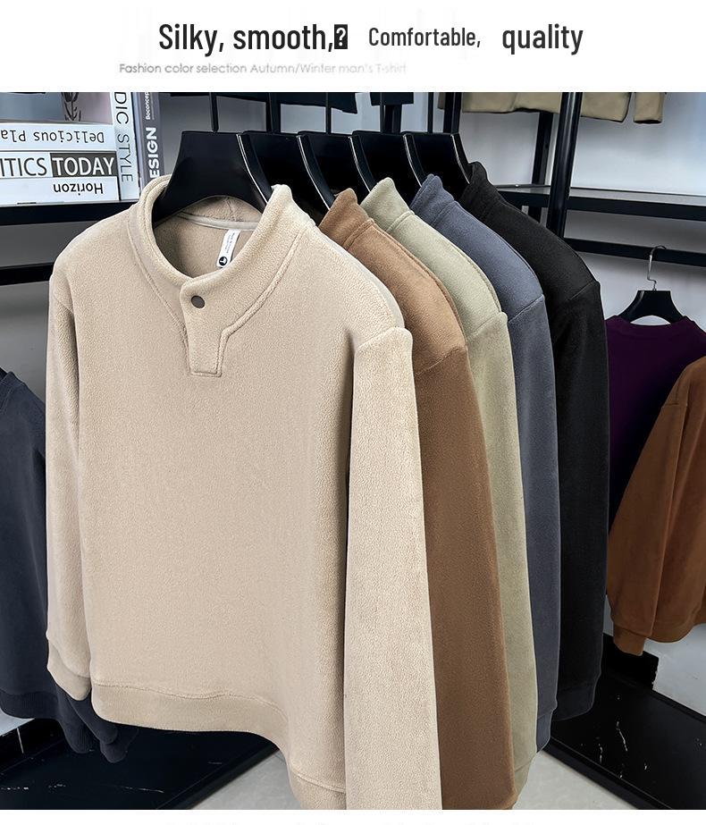 Men's Double-Sided Coral Fleece Hoodie with Henley Collar - Thickened Plus Velvet, Warm Autumn/Winter Casual Base Layer.