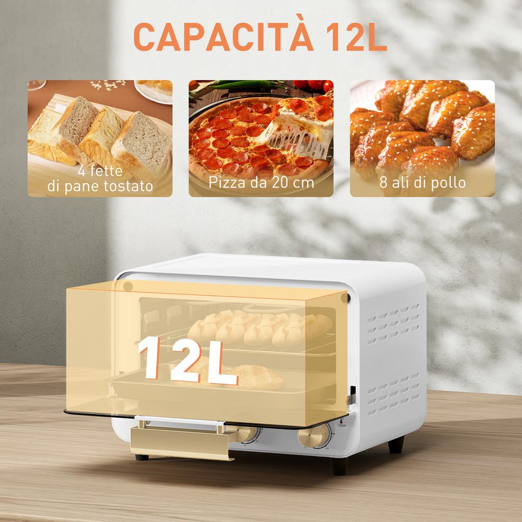 Electric Oven 12L with Timer and Adjustable Temperature, in Steel and Plastic, 31.5x27.7x22.7 cm, White and Gold