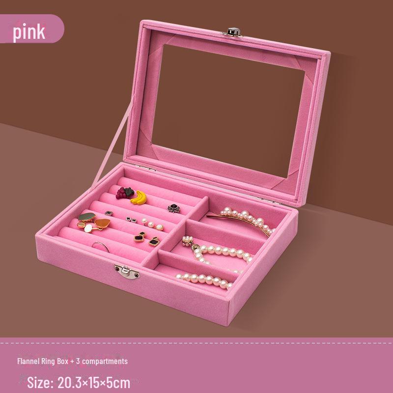 Pink Flocked Portable Jewelry Box with Lid - 316-Grit Dustproof Glass Ring & Earring Display
