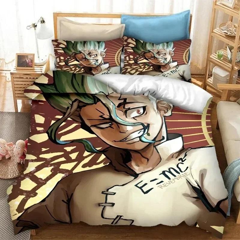 New 3D Anime Dr.STONE Bedding Set Printed Bed Set With Pillowcase Bed Duvet Cover Soft Single Double Queen Super King Size