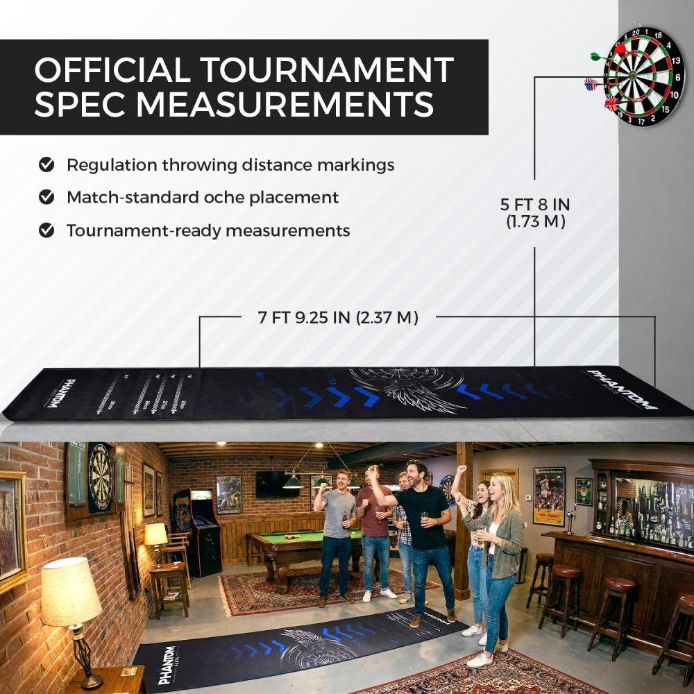 Black Phantom Darts Mat With Official Distance Markings Non-Slip Rug For Home Bar Game Room Decor