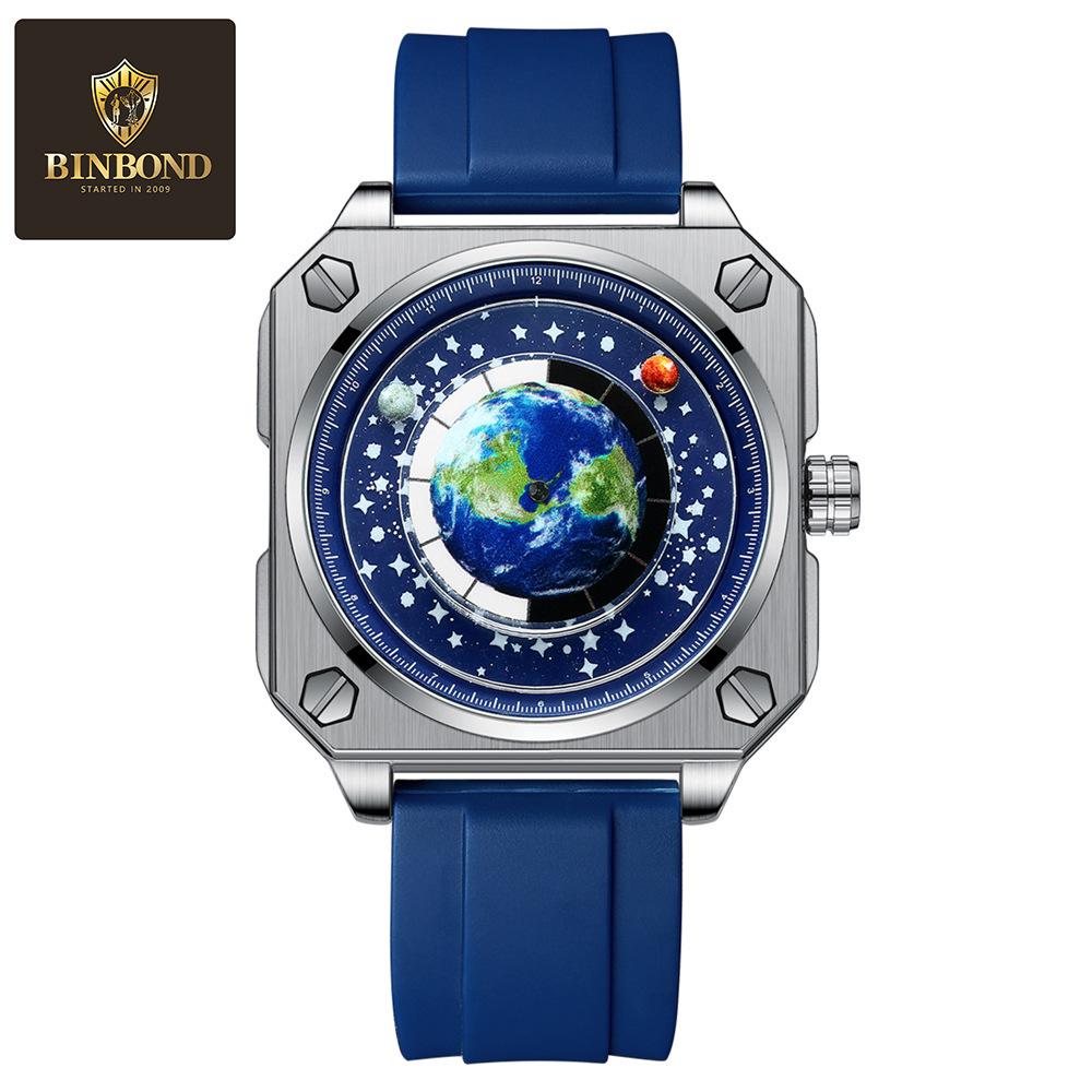 Binbang 2023 Men's Cool Large Dial Watch with Moon, Earth, Starry Sky Design & Genuine Leather Strap