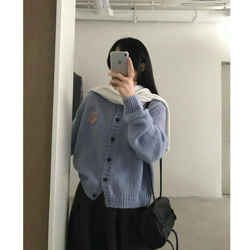 American Personalized Embroidery Pattern Round Neck Long Sleeve Knitted Cardigan Women'S Autumn And Winter Loose Casual Sweater Jacket