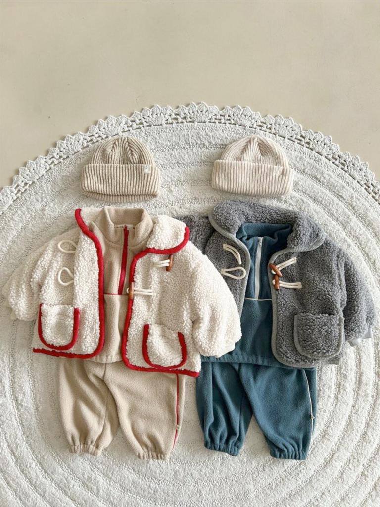 Men's and Children's Double-Sided Fleece Stand Collar Zipper Set: Autumn/Winter Casual and Plus Velvet Sportswear Two-Piece.