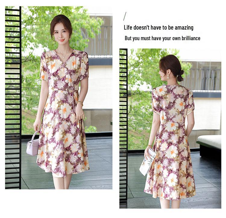 Elegant Floral Mid-Length Summer Dress for Middle-Aged Women