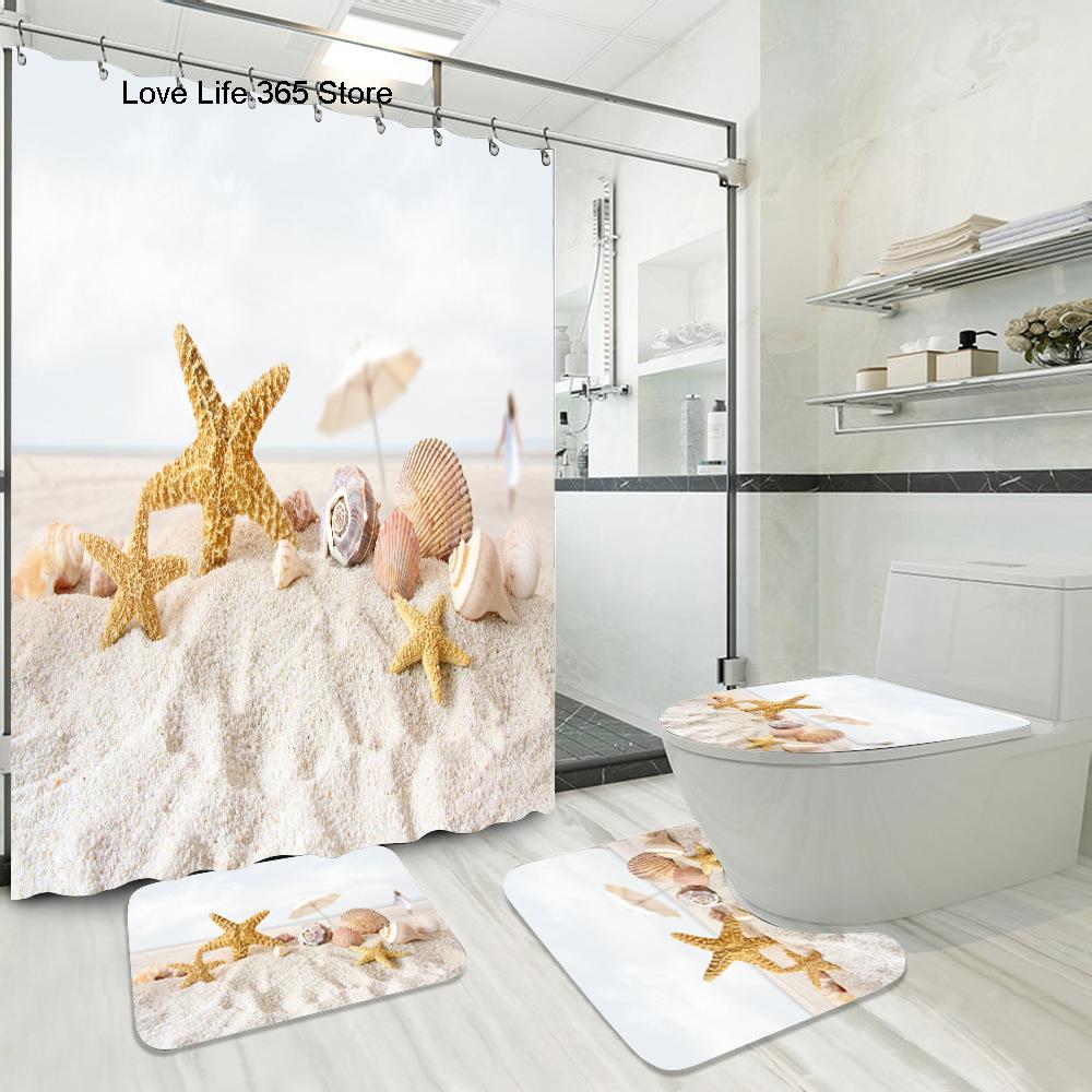 Blue Fishing Net And Whelk 3D Printed Waterproof Shower Curtain Non Slip Rugs Mat Polyester Fabric Waterproof With Hooks