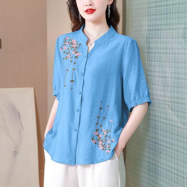 Lässige Bluse Femme Kurzarm Literarisches Vintage Baumwollleinenhemd Damen Übergroßes Oberteil