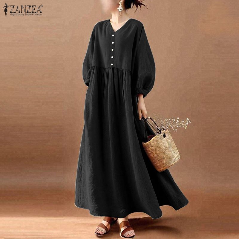 ZANZEA Women Casual V-Neck Loose Long Sleeve Solid Long Dress