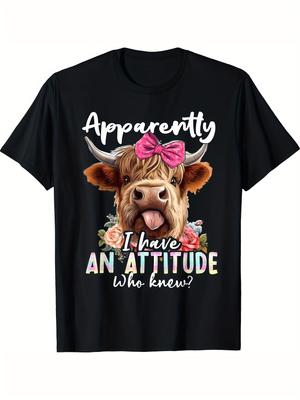 Womens Fun Highland Cow Satirical TShirt Obviously Im Being Bad Scottish Cow with Pink Bow and Floral Pattern Personality