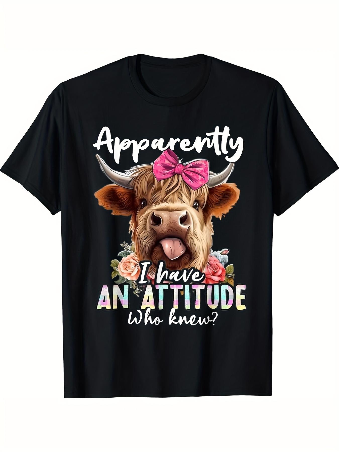 Womens Fun Highland Cow Satirical TShirt Obviously Im Being Bad Scottish Cow with Pink Bow and Floral Pattern Personality S