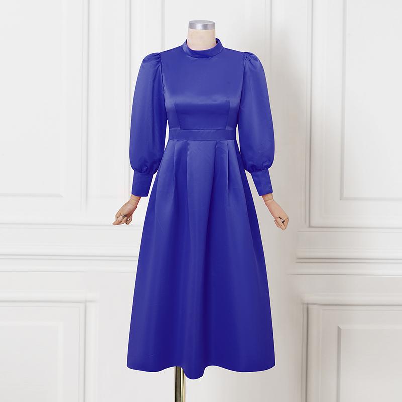 Elegant Women Stand Neck Puff Long Sleeve Casual Long Maxi Swing Dress