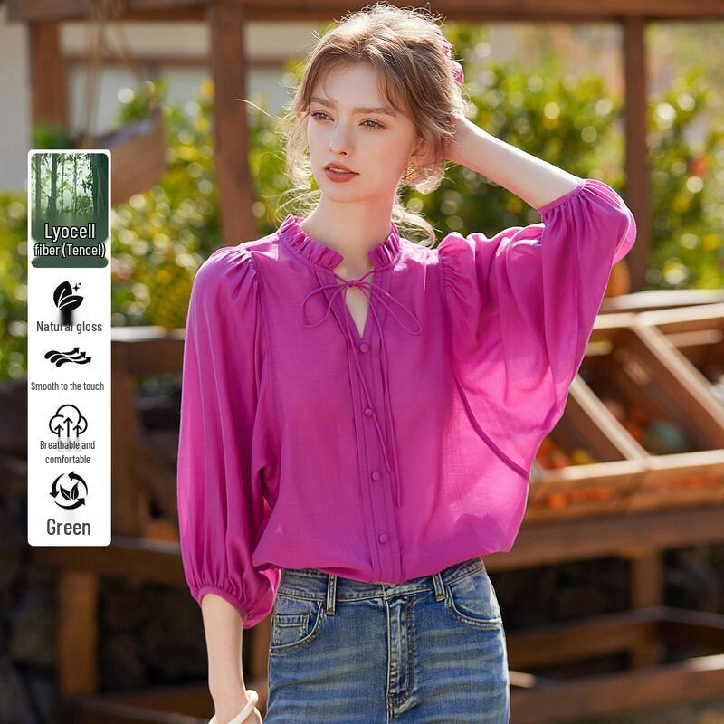 Bailuyu Women s Ruffle Lace-Up Puff Sleeve Blouse M