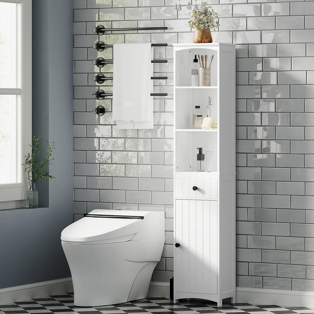 Badezimmerschrank mit 3 Regalen, 1 Schublade, stabil, MDF, weiß