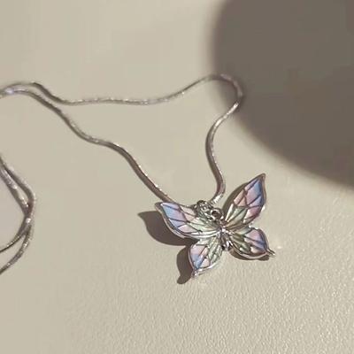 Colorful Gradient Dopamine Style Butterfly Pendant Necklace Women  Jewelry Light Luxury Personality Simple Clavicle Chain