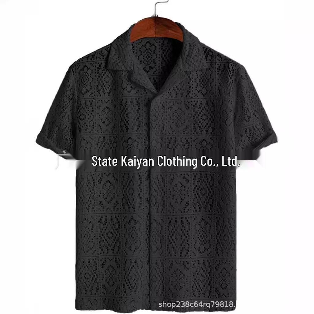 Men's Mesh Hollow-Out Short Sleeve Casual Button Shirt - Summer See-Through Twist Design