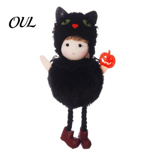Thick Soft Halloween Doll Hanging Plush Witch with Lanyard, Cute Furry Pom And Black Cat Set Ball Ornament for Doors Windows Trees Party Decor Spooky