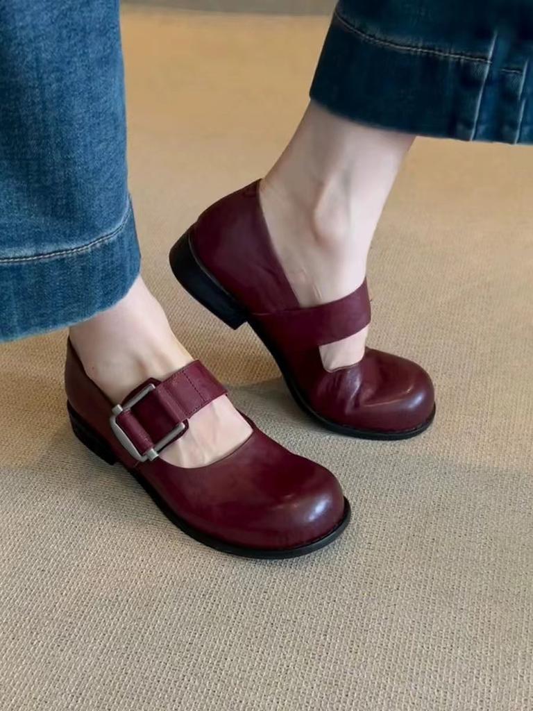Retro Black Red Mary Jane Shoes Women Thick Heels Ankle Buckle Lolita Shoes Woman  Low Heel Shallow Mouth Single Shoes