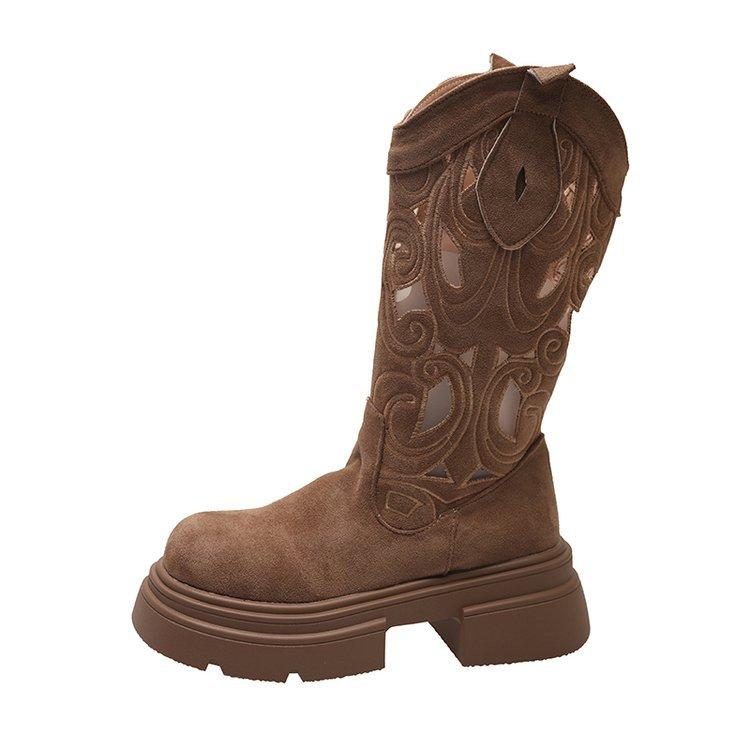 

[youshilai] 2025 autumn new retro western cowboy small short boots hollow breathable heightening women s boots 35