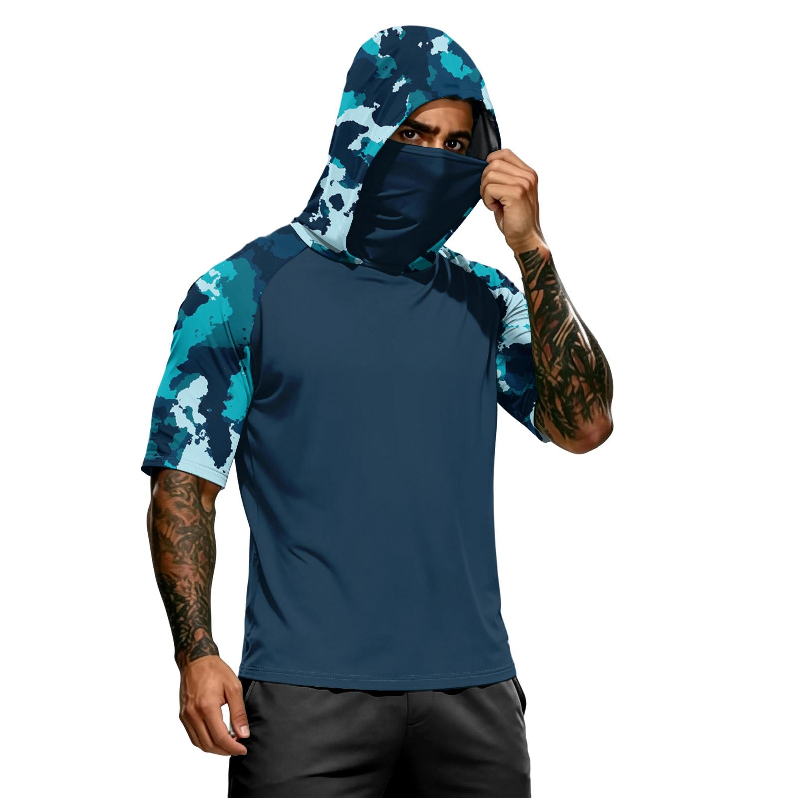 

Men Hooded Short Sleeve T Shirt Patchwork Raglan Sleeve Pullover Lightweight Casual Athletic Top for Outdoor Sports XXL