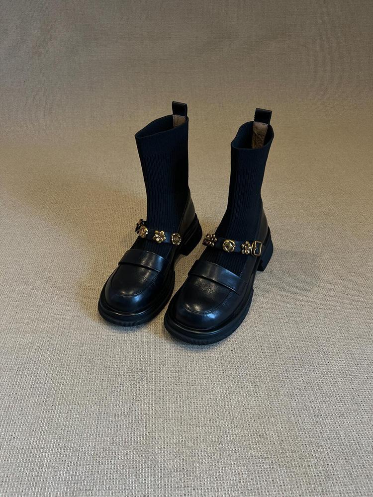 Cowhide version thick-soled metal buckle elastic boots short boots retro knitted thin boots women's loafers boots
