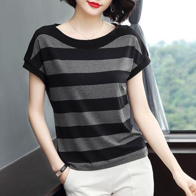 Large Size Short-sleeved T-shirt  Women Loose Striped Half-sleeved Shirt Top