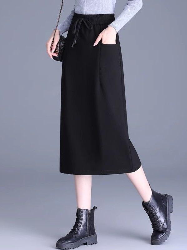 Trendy Solid Color Slit Midi Skirt for Autumn/Winter