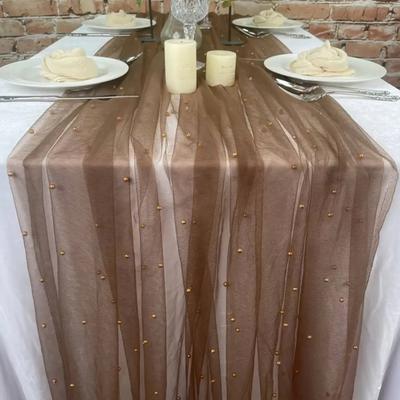 9.8FT Gaze Tischläufer Chiffon Käsetuch Tischläufer mit Kunstperlen Esstischdecke für Zuhause Geburtstag Feiertagsparty