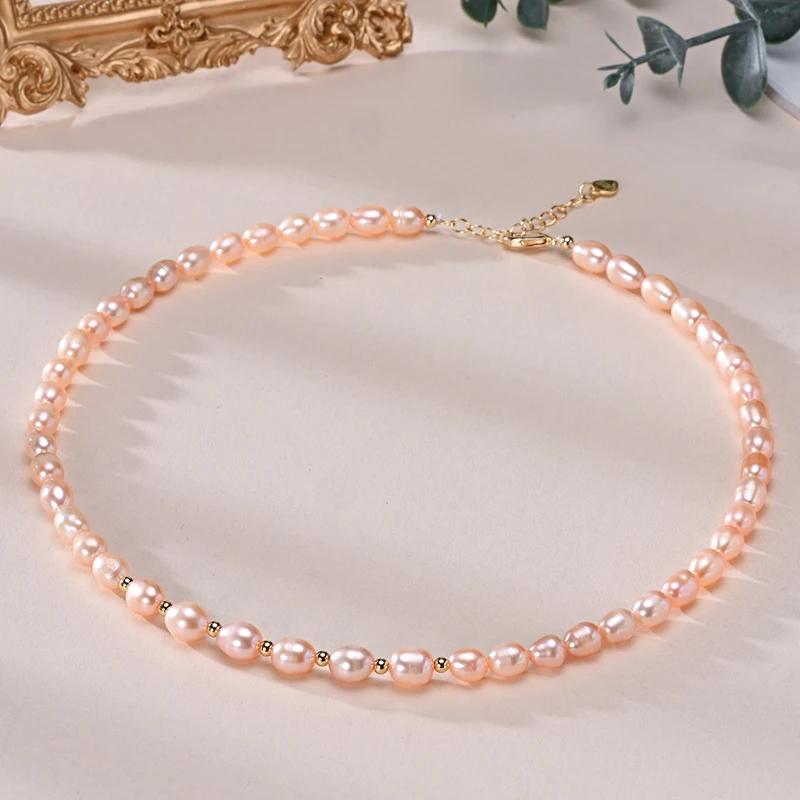 HENGSHENG 6-7mm Rice Shape Freshwater White Pink Purple Mixed Color Pearl Necklace 925 Silver Jewelry for Women Girls