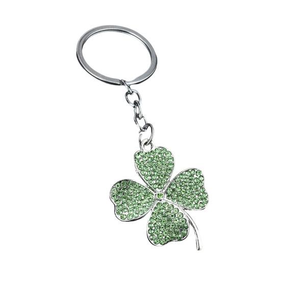 Keychain Pendant Sparkling Rhinestones Inlaid Four-Leaf Clover Design Zinc Alloy Key Chain Electroplated Metal Ring Key Holder Backpack