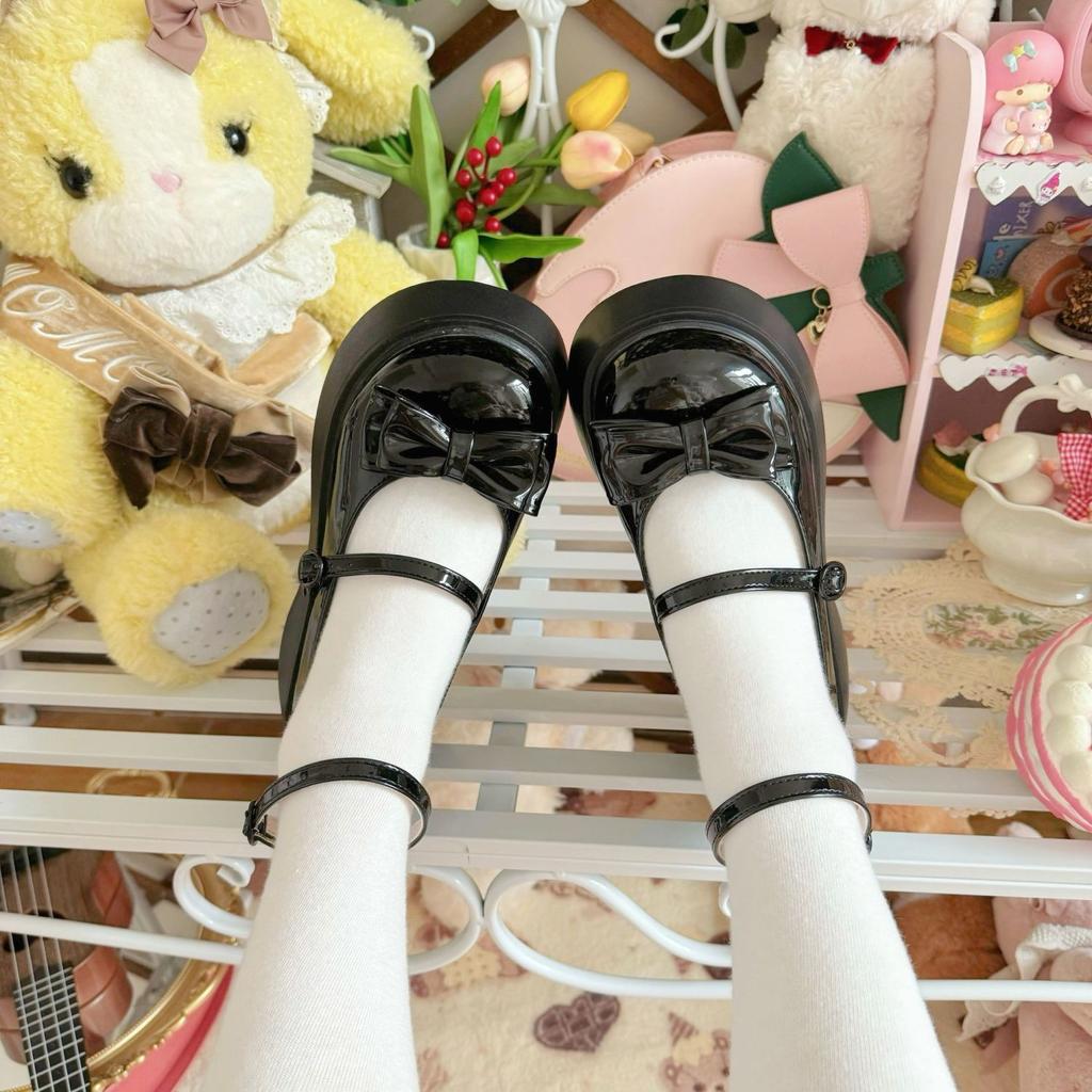 Cute Princess Style Sweet Bow Round Head Muffin Sole Single Shoes Year One Word Buckle Belt Low Heel Mary Jane Shoes