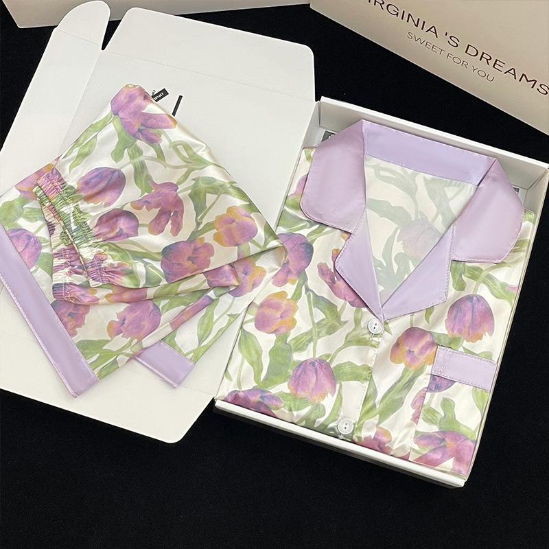 Purple Tulip Ice Silk Pajamas Women'S Summer Sweet And Gentle Can Be Worn Outside Long-Sleeved Loungewear Women'S Two-Piece Set