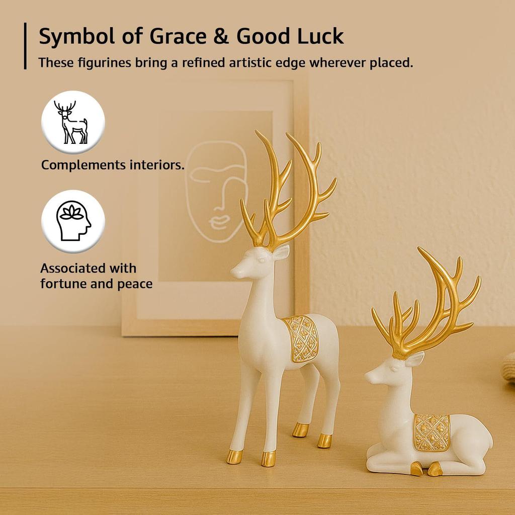Charming Polyresin Reindeer Décor | A Timeless Token of Grace & Good Luck | Elevate Your Festive & Everyday Spaces – Pack of 2, White & Golden