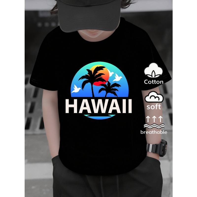 European sizes Boys' T-Shirt Hawaiian Sunset Palm Trees Birds Island,  Ideal for Outdoor Activities, Soft Knitted Top, Comfortable And Breathable