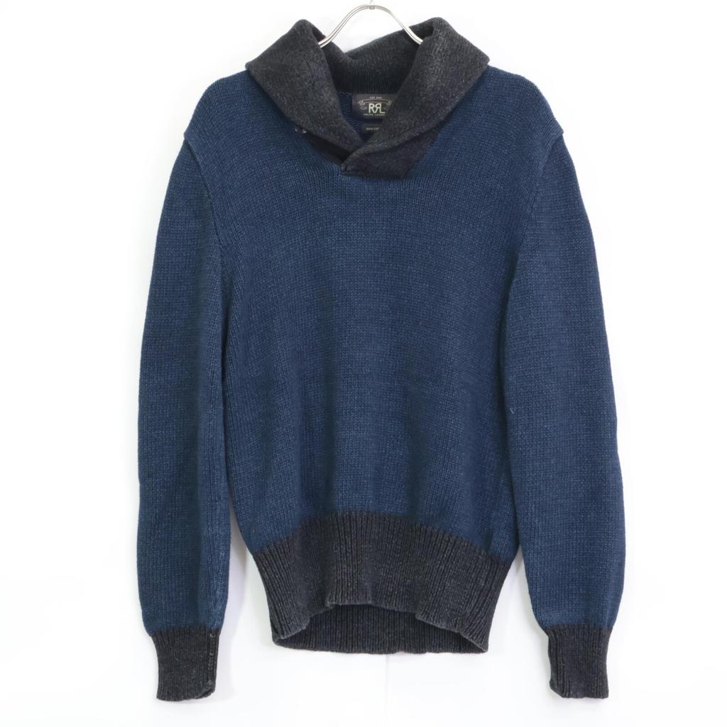 RRL Indigo x Black Cotton Shawl Collar Knit tops M Navy blackUsed