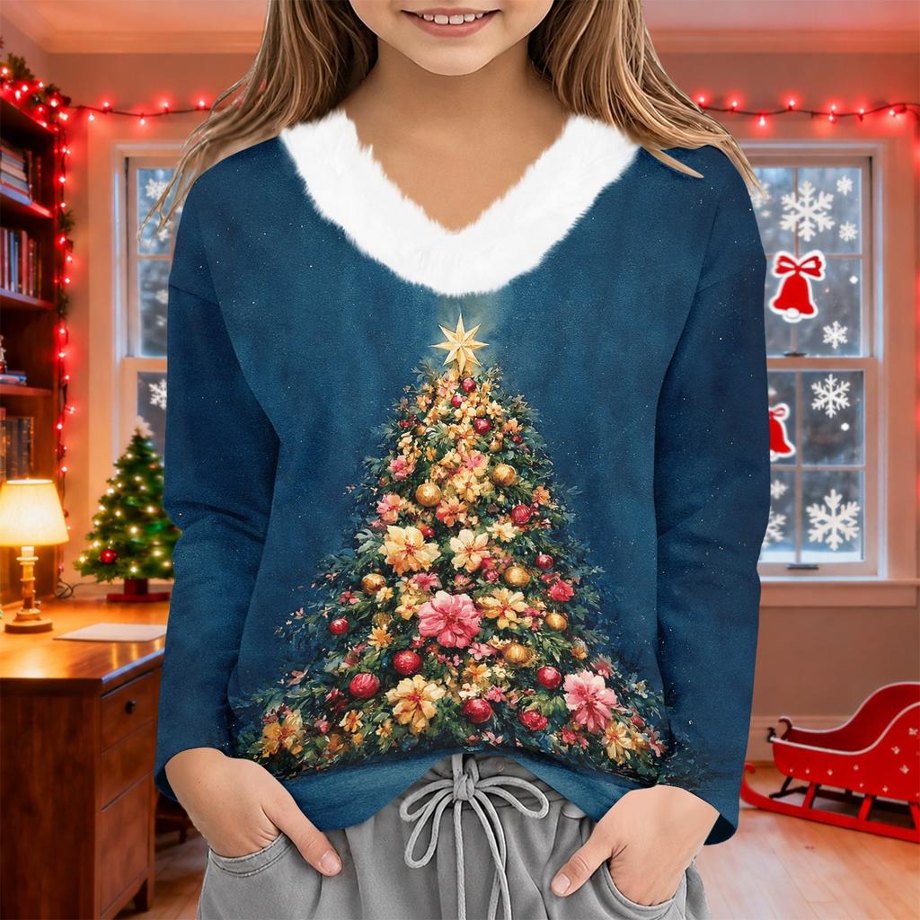 Girls V-neck Casual Top with Christmas Print Winter Holiday Pullover for Kids