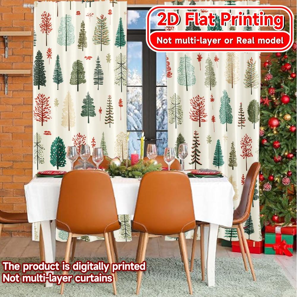 Set Of 2 Flat Printing Curtains Without Rod Christmas Tree Decor Holiday New Year Printed Prints Curtain Sheer Made Polyester
