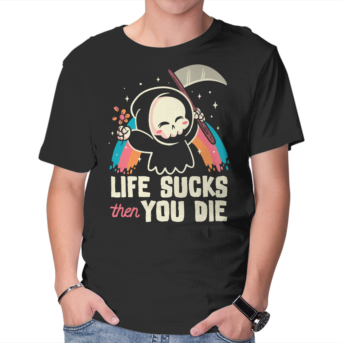 Unisex Crew Neck T-Shirt Life Sucks Then You Die Graphic Short Sleeve Casual Tee M