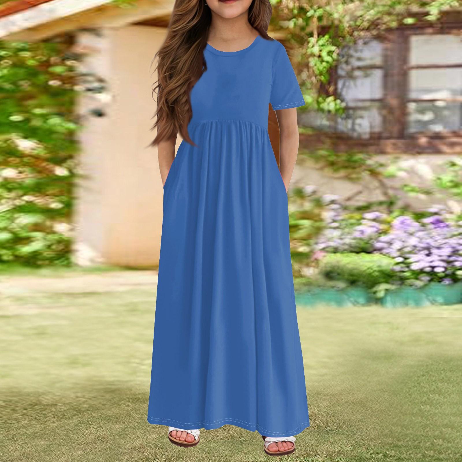 

Довга літня сукня для дівчаток - сукня максі з короткими рукавами та кишенями для дітей віком 4-14 років 140