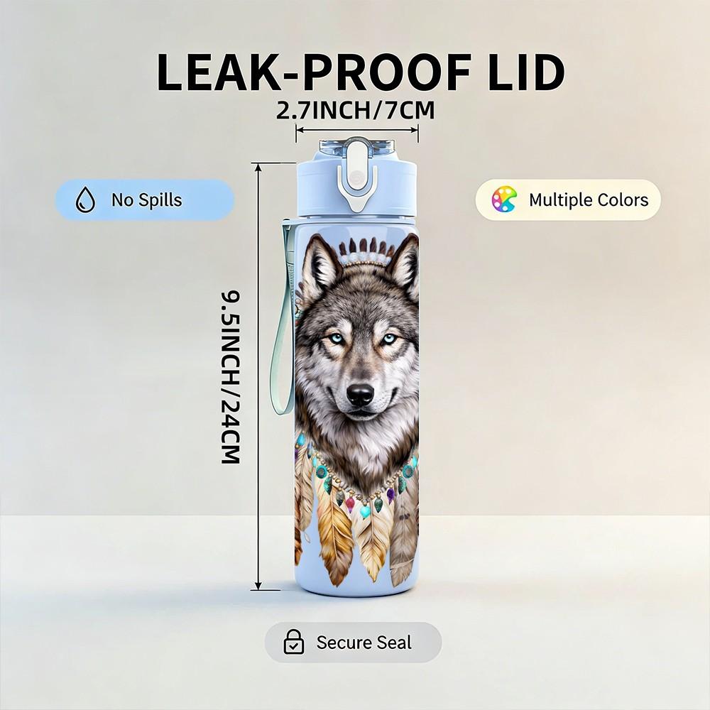 1PC Wolf Head Native Wild Animal Portrait 750ml Color Plastic Sports Water Bottle Leakproof Flip Straw Lid Suitable for Sports Office Home Use