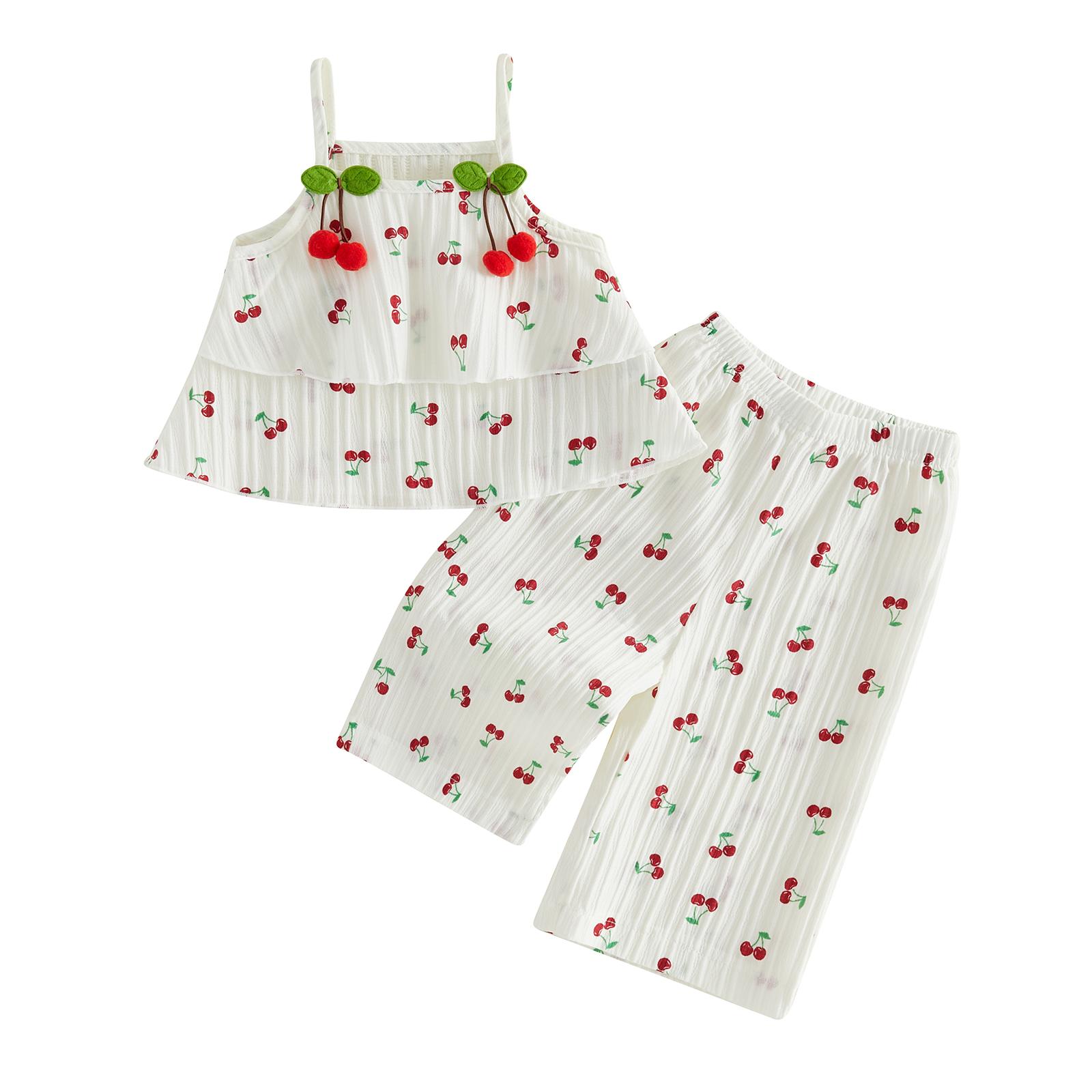Adorable Infant Girls Sleeveless Cherry Print Layered Hem Tank Top and Elastic Waist Pants Set for Summer Outfits 6-12 Months белый
