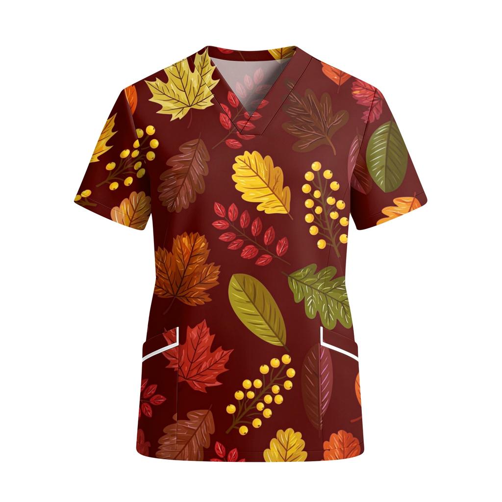 Women's V-Neck Short Sleeve Work Shirt with Pockets and Leaf Print