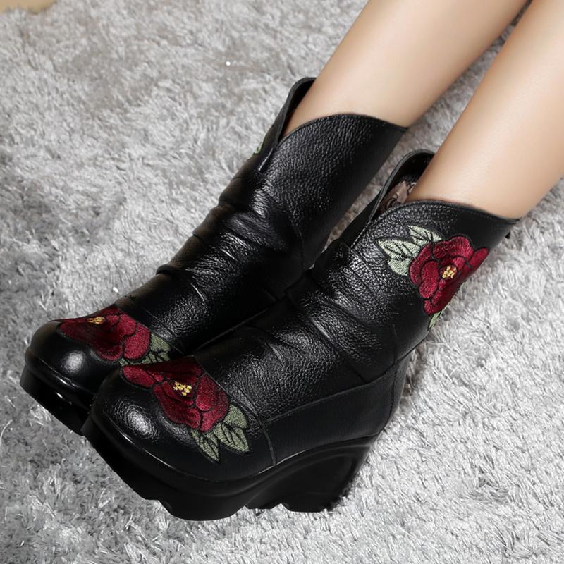 Fashion GKTINOO Embroidered Fashion Women Winter Genuine Leather Boots Handmade Vintage Slip-resistant Boots Wedges Shoes Woman
