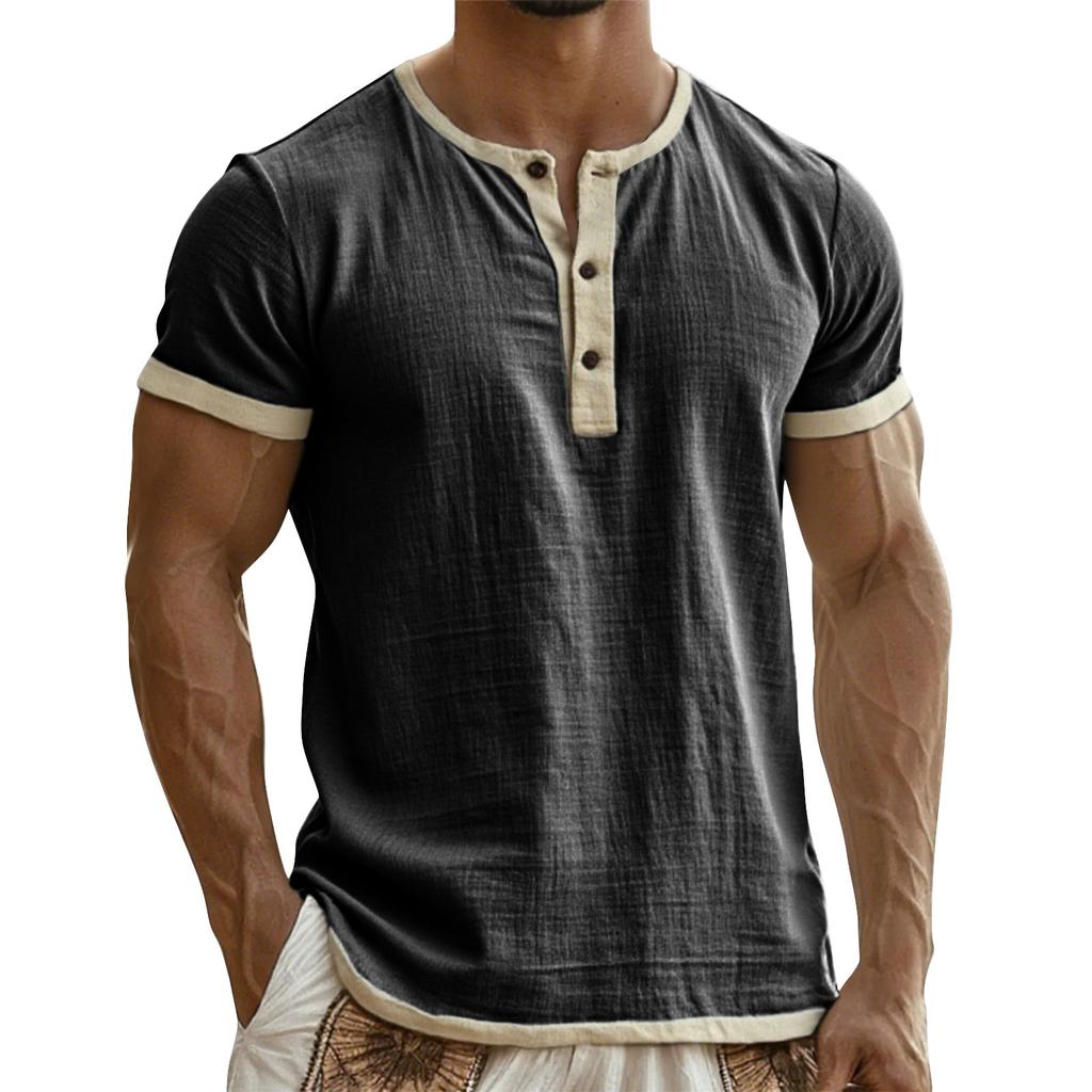 Men's Breathable Solid Color Pleated T-shirt Men's Casual Contrast Color Short Sleeve T-shirt