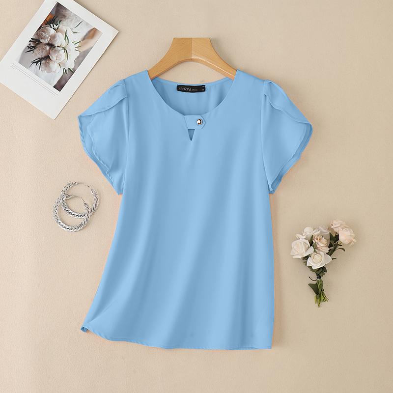 ZANZEA Women Casual Round Neck Solid Color Summer Short Sleeve Blouse